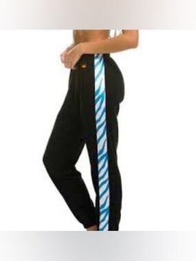 Aviator Nation Black Sweatpants with Light Blue Tiger Side Stripe